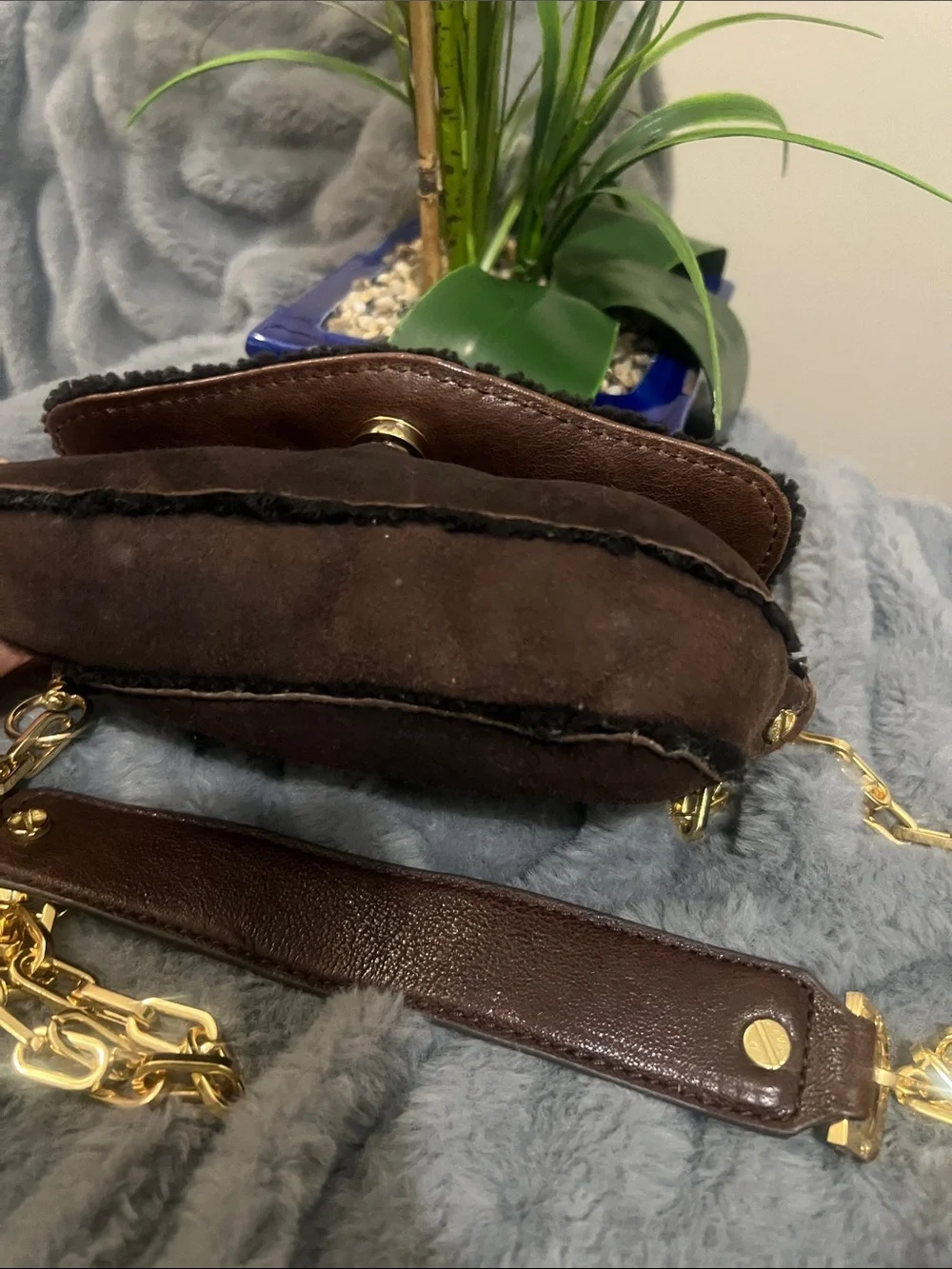 Tory Burch Dark Brown Suede and Shearing Mini Shoulder Bag with Gold Logo GUC